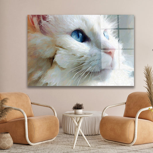 Mavi Gözlü Beyaz Kedi cam tablo — duvarda dekorasyon görünümü