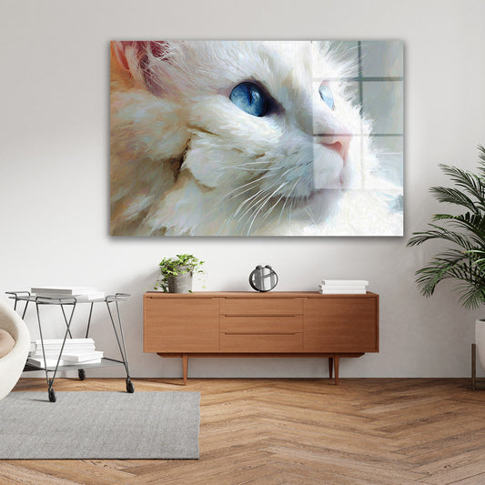 Mavi Gözlü Beyaz Kedi cam tablo — iç mekân uygulama örneği