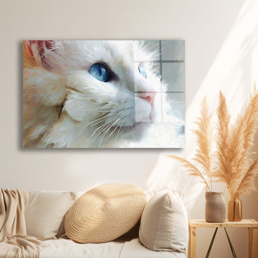 Mavi Gözlü Beyaz Kedi cam tablo — farklı açıdan görünüm