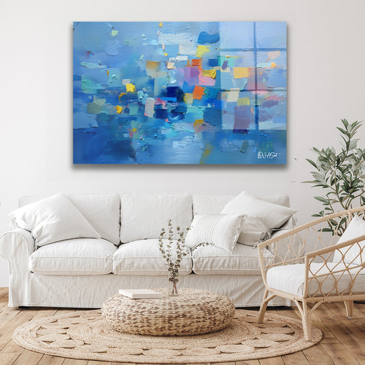 Mavi Kareli Soyut cam tablo — duvarda dekorasyon görünümü
