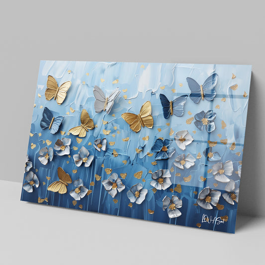 Mavi Kelebek Uçuşu cam tablo — iç mekân uygulama örneği