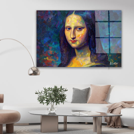 Mavi Mona Lisa cam tablo — duvarda dekorasyon görünümü