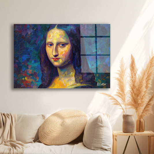 Mavi Mona Lisa cam tablo — iç mekân uygulama örneği