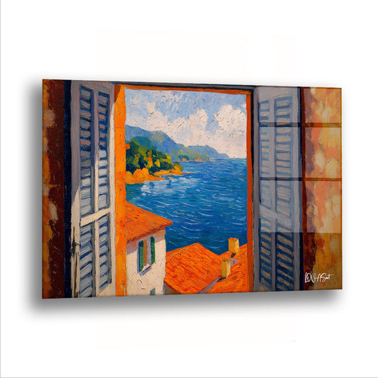 Mavi Panjurdan Deniz cam tablo — Panjurlar açılınca deniz bir anda odanın içine giriyor.