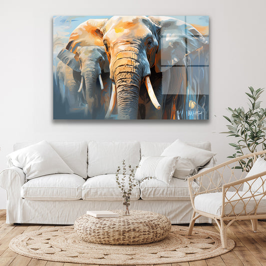 Mavi Turuncu Fil cam tablo — duvarda dekorasyon görünümü