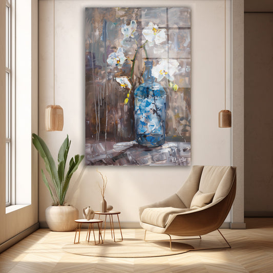 Mavi Vazoda Orkide cam tablo — duvarda dekorasyon görünümü