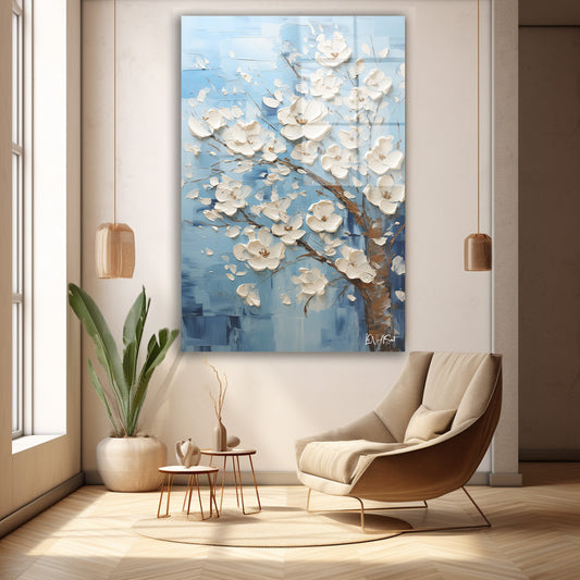 Mavi Zeminde Beyaz Çiçekler 16 cam tablo — duvarda dekorasyon görünümü