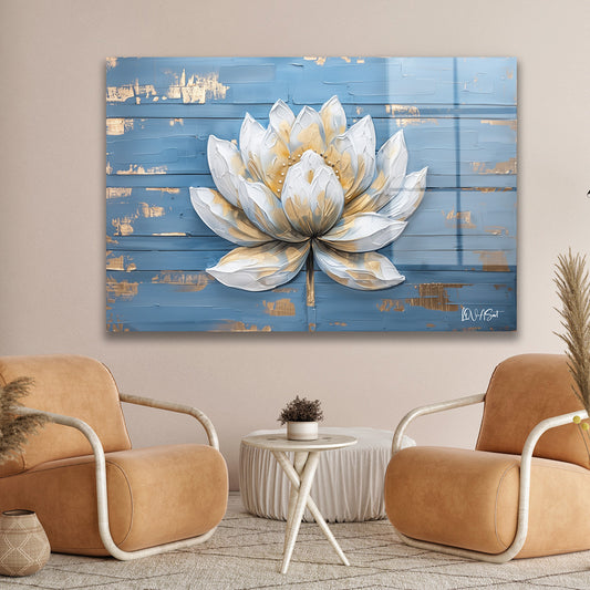 Mavi Zeminde Lotus 2 cam tablo — duvarda dekorasyon görünümü