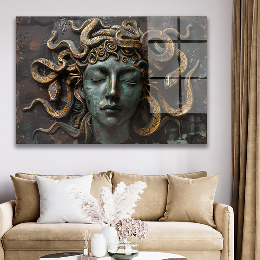 Medusa Başı cam tablo — duvarda dekorasyon görünümü
