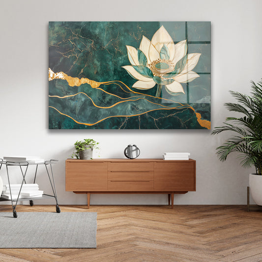 Mermer Zeminde Lotus Dalgası cam tablo — iç mekân uygulama örneği