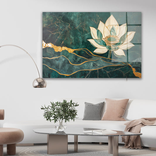 Mermer Zeminde Lotus Dalgası cam tablo — farklı açıdan görünüm