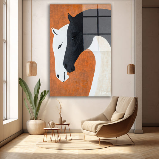 Minimalist Atlar cam tablo — duvarda dekorasyon görünümü
