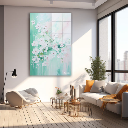 Mint Fonda Beyaz Çiçekler cam tablo — farklı açıdan görünüm