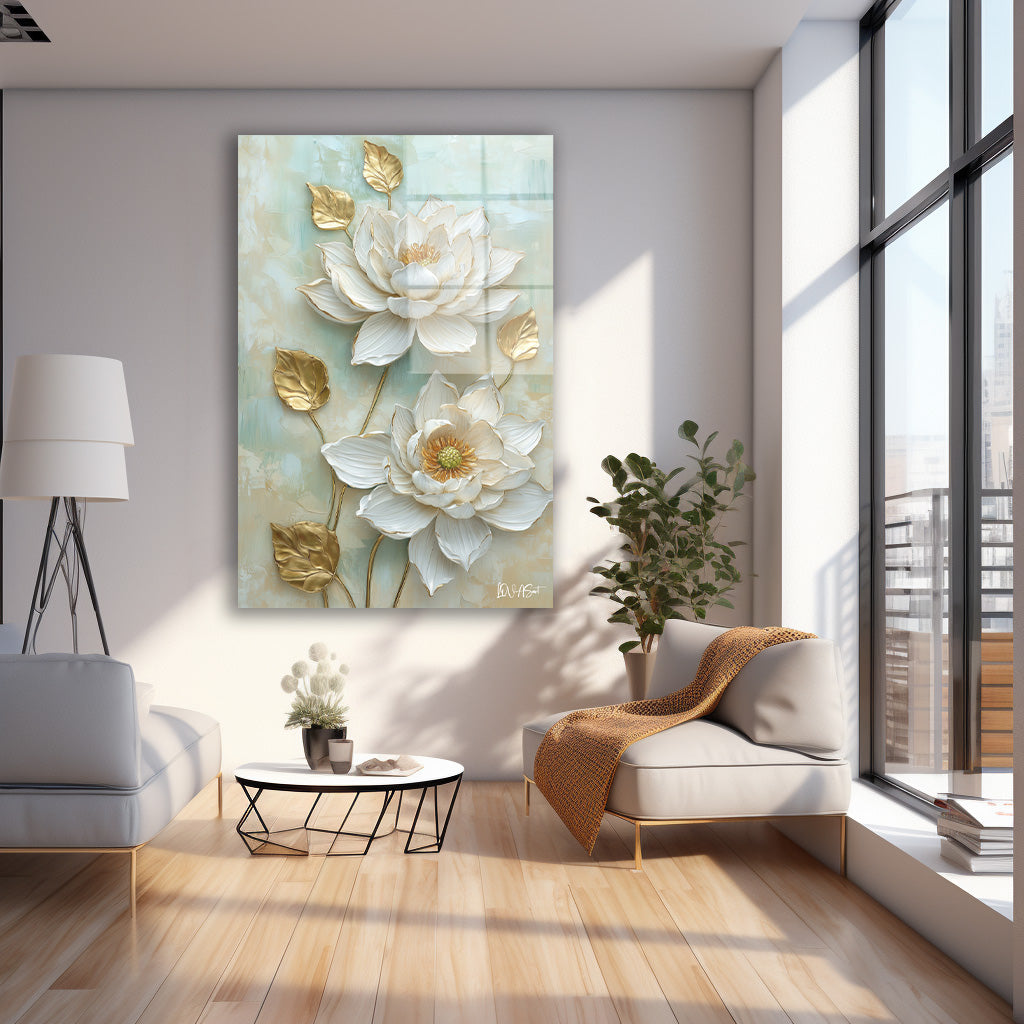 Mint Yeşili Çiçekler - Cam Tablo