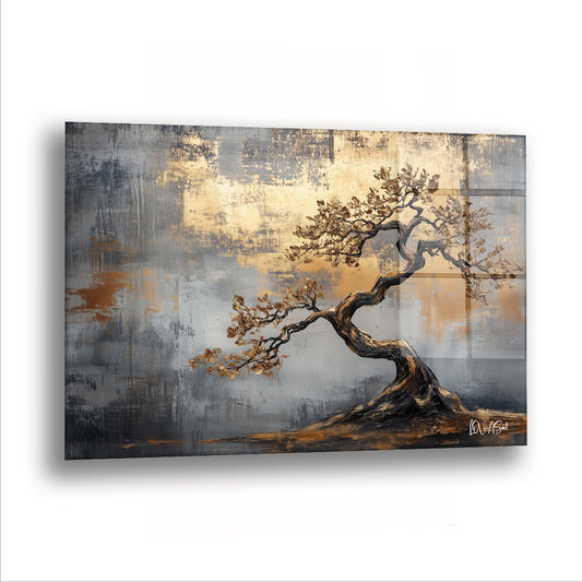 Modern Stil cam tablo — Altın bir sisin içinde eğik bir ağaç, dallarını rüzgâra bırakmış.