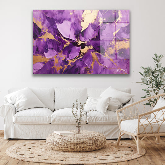Mor Altın Yapraklar cam tablo — duvarda dekorasyon görünümü