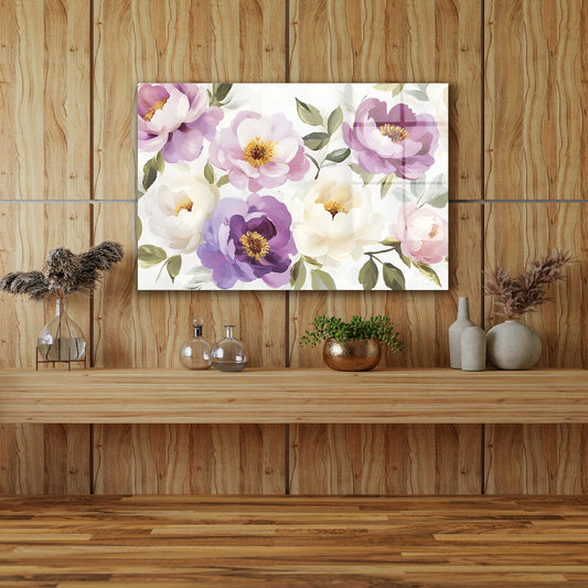 Mor Beyaz Şakayıklar cam tablo — iç mekân uygulama örneği