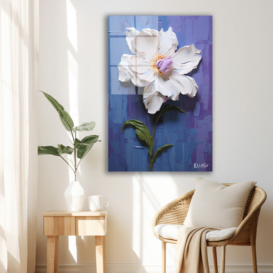 Mor Fonda Beyaz Çiçek cam tablo — iç mekân uygulama örneği