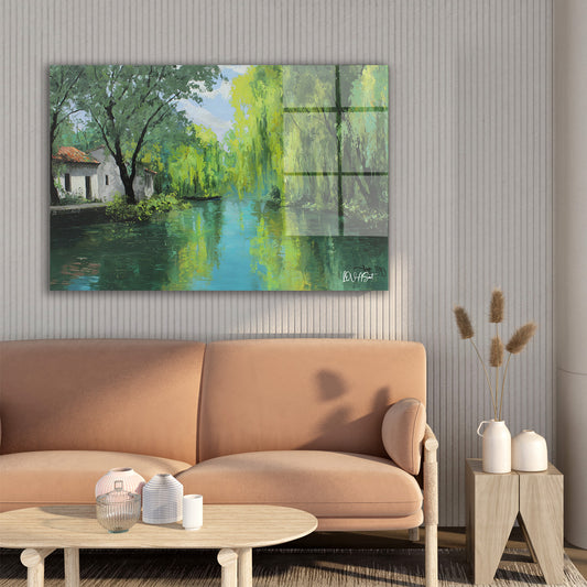 Nehir Kıyısında Beyaz Ev cam tablo — farklı açıdan görünüm