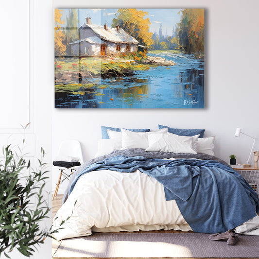 Nehir Kıyısındaki Ev cam tablo — iç mekân uygulama örneği