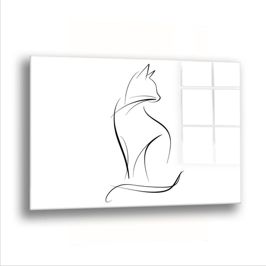 Oturan Çizgi Kedi cam tablo — Tek bir kesintisiz çizgi, oturan bir kedinin bütün duruşunu beyaz boşluğun ortasında anlatıyor.