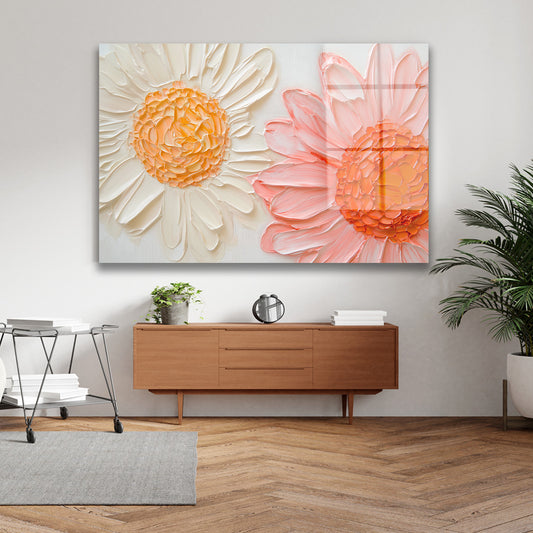 Papatya ve Pembe Gerbera cam tablo — iç mekân uygulama örneği