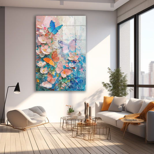 Pastel Çiçek Kelebekleri cam tablo — farklı açıdan görünüm