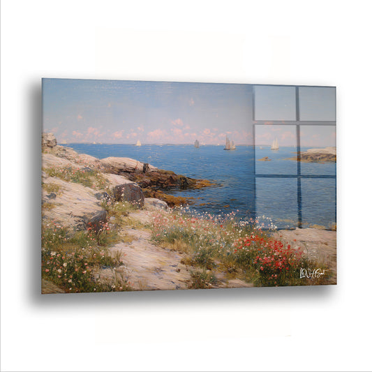 Pastel Deniz Kıyısı cam tablo — Kayalıkların arasına sıkışmış kır çiçekleri, denizin sakinliğine karşı küçük bir isyan gibi.
