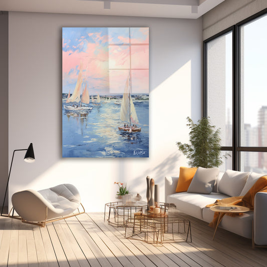 Pastel Denizde Yelkenliler cam tablo — farklı açıdan görünüm