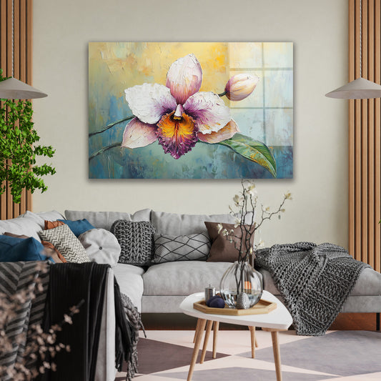 Pastel Mor Orkide cam tablo — duvarda dekorasyon görünümü