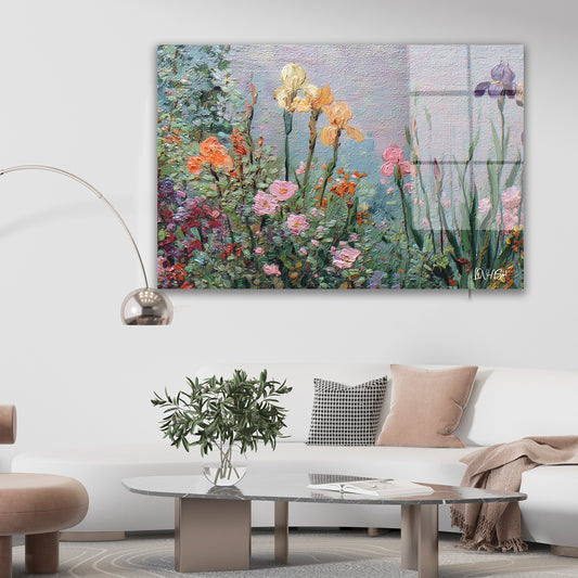 Pastel Süsen Bahçesi cam tablo — farklı açıdan görünüm