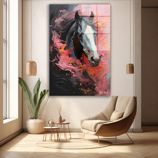 Pembe Alevli At cam tablo — duvarda dekorasyon görünümü
