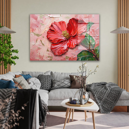 Pembe Altın Zeminde Kırmızı Çiçek cam tablo — duvarda dekorasyon görünümü