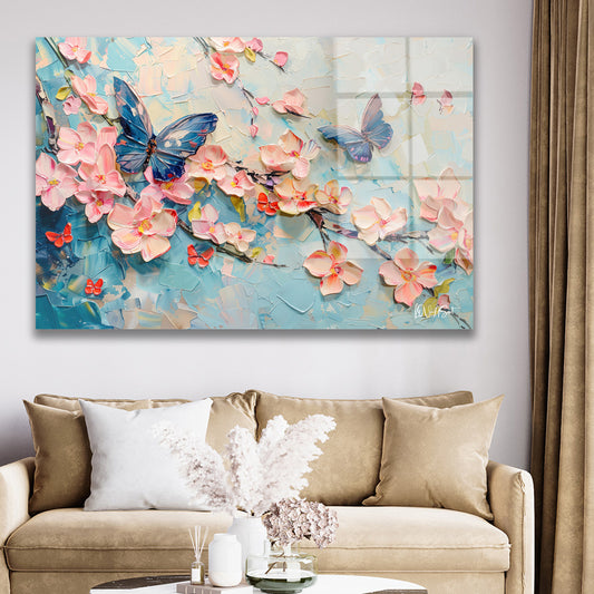 Pembe Bahar Kelebekleri cam tablo — duvarda dekorasyon görünümü