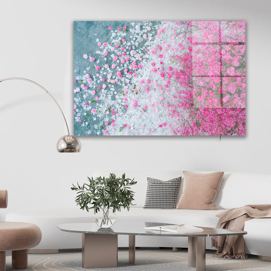 Pembe Beyaz Çiçek Yağmuru cam tablo — farklı açıdan görünüm