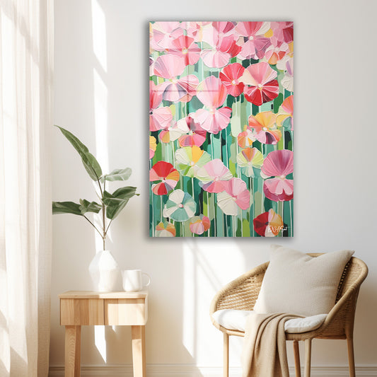 Pembe Çiçek Deseni cam tablo — iç mekân uygulama örneği