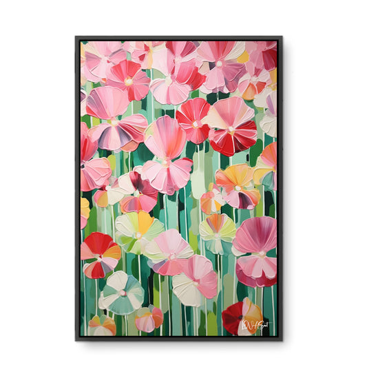 Pembe Çiçek Deseni - Kalın Metal Çerçeveli Kanvas Tablo