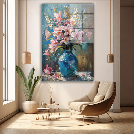 Pembe Çiçek Vazosu cam tablo — duvarda dekorasyon görünümü