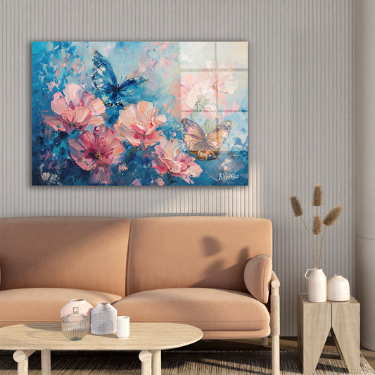 Pembe Çiçekler ve Kelebekler cam tablo — farklı açıdan görünüm