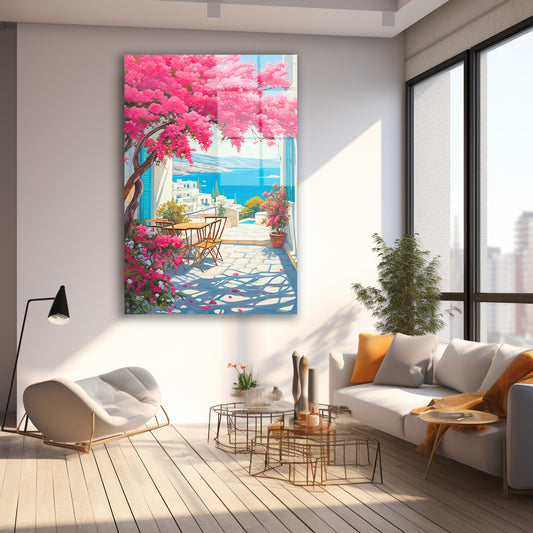 Pembe Çiçekli Deniz Terası cam tablo — farklı açıdan görünüm