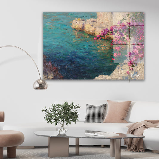 Pembe Çiçekli Kayalıklar cam tablo — farklı açıdan görünüm