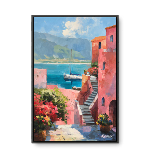 Pembe Evli Koy - Kalın Metal Çerçeveli Kanvas Tablo