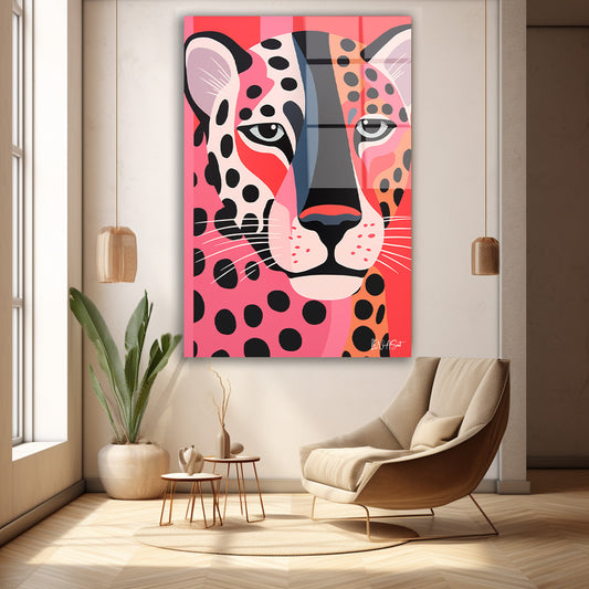 Pembe Fonda Leopar cam tablo — duvarda dekorasyon görünümü