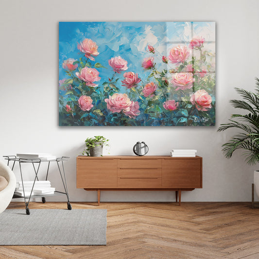 Pembe Gül Bahçesi cam tablo — iç mekân uygulama örneği