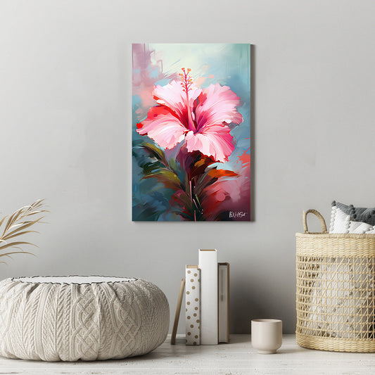 Pembe Hibiskus 2 kanvas tablo — iç mekân uygulama örneği