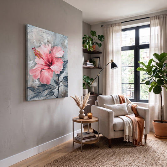 Pembe Hibiskus kanvas tablo — duvarda dekorasyon görünümü