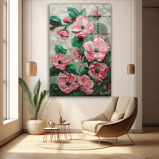 Pembe Kabartma Çiçekler cam tablo — duvarda dekorasyon görünümü