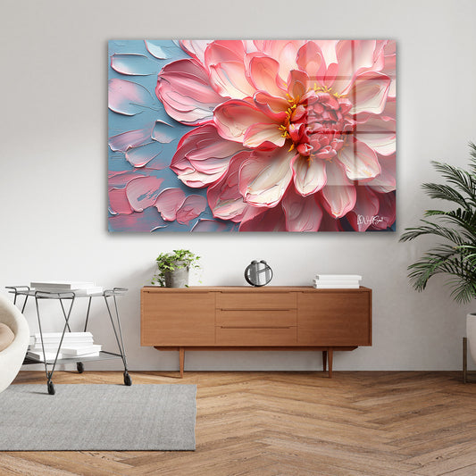 Pembe Kabartma Dalya cam tablo — iç mekân uygulama örneği