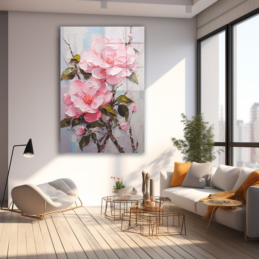 Pembe Kamelya Dalı cam tablo — farklı açıdan görünüm
