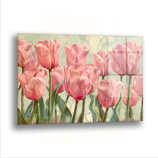 Pembe Laleler cam tablo — Bir sıra lale, hepsi aynı boyda, sakin bir duvar gibi duruyor.